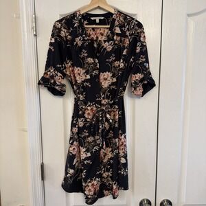 41 Hawthorn Tie Waist Shirt Dress  Floral, Roll sleeves, Black Pink Women's Sz M
